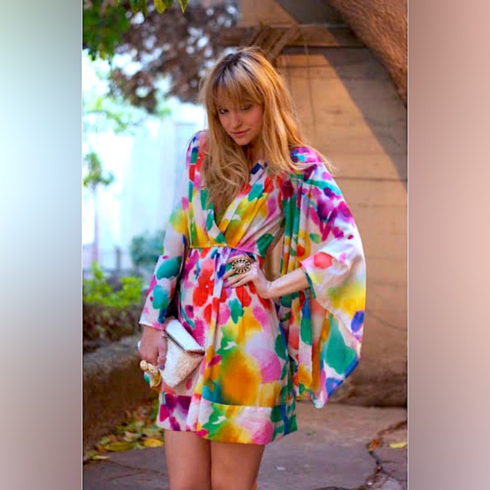 NWT H&M watercolor rainbow billow sleeve mini dress - Picture 2 of 8